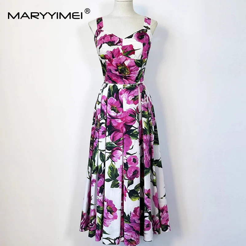 

MARYYIMEI Casual Holiday Style Women's Suit Spaghetti Strap Backless Slim Tops+Casual Big Swing Skirt Cotton printed 2-piece set