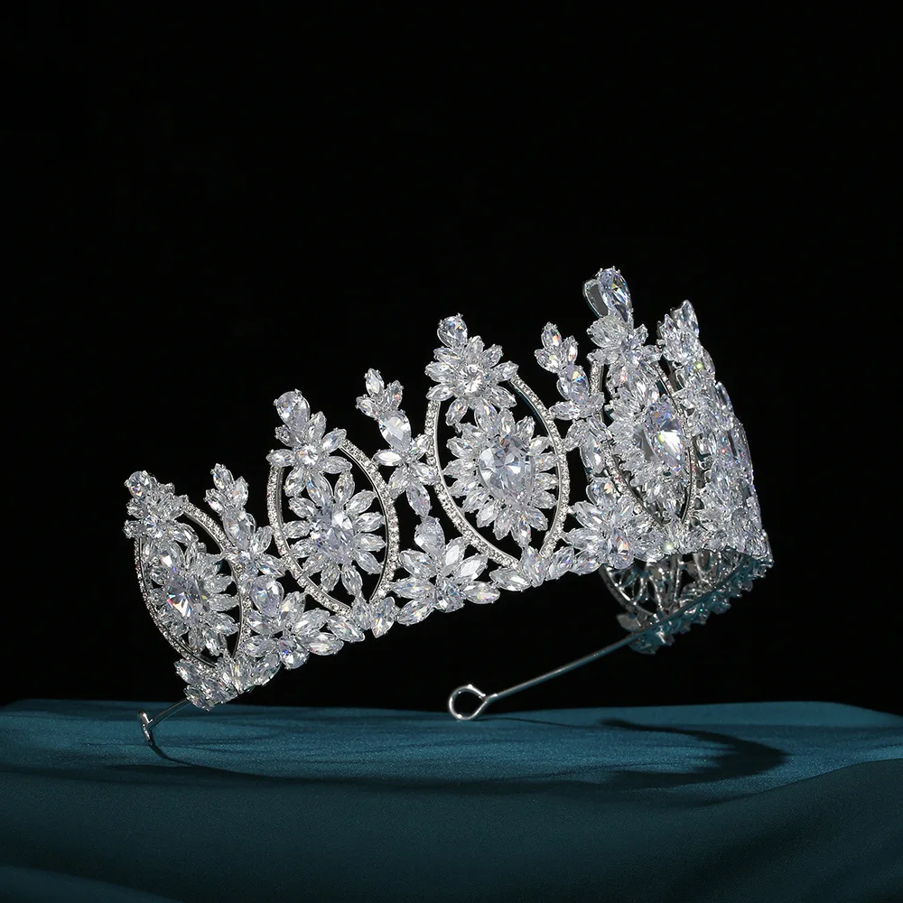 Silver Cubic Zirconia Bridal Tiaras Miss Universe Crystal Crowns Women Wedding Hair Accessories Jewelry Elegant Pageant Diadem