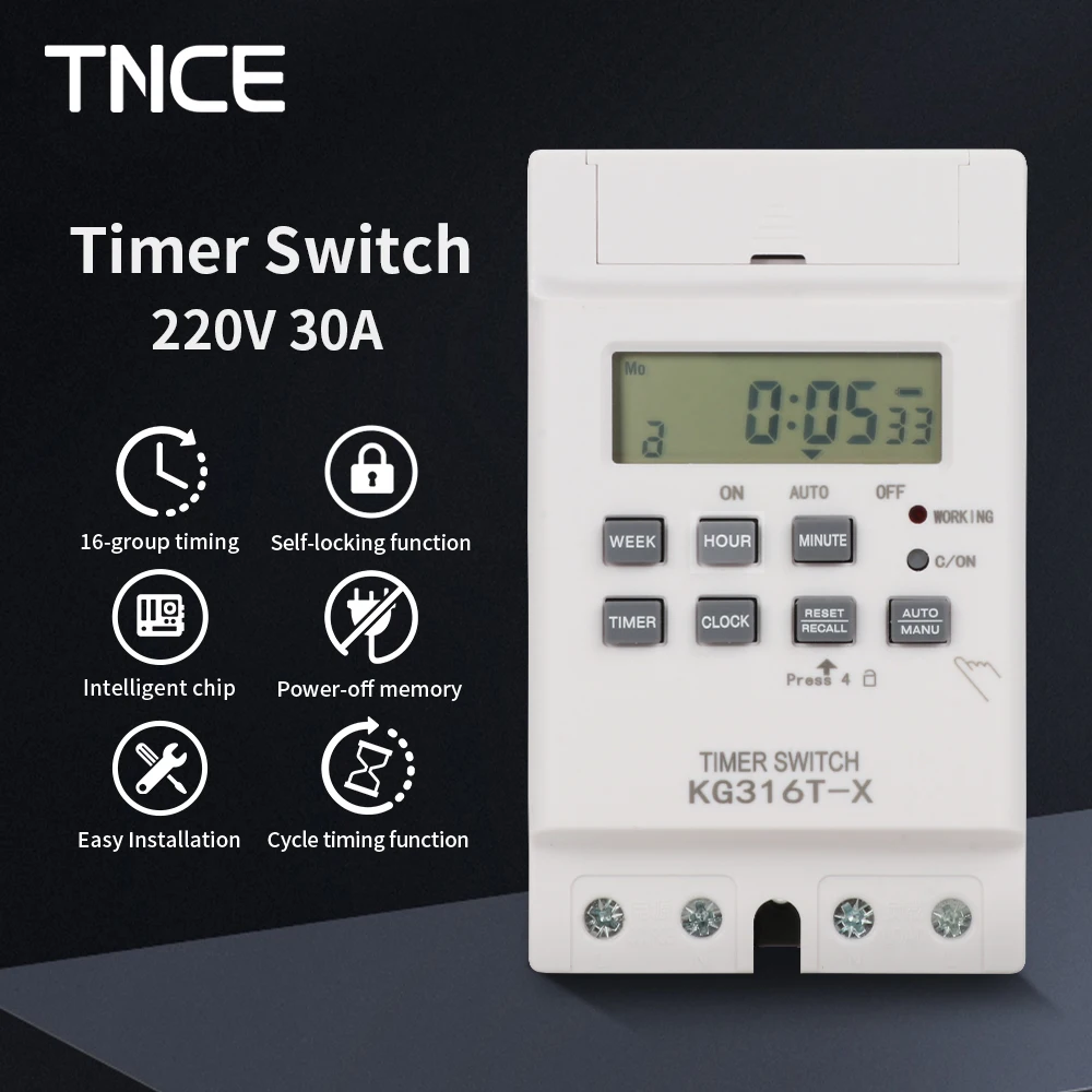 TNCE 220V 30A Din Rail 32 Groups or Week Programmable Digital Time Switch Relay Timer Control Big Power Time Controller