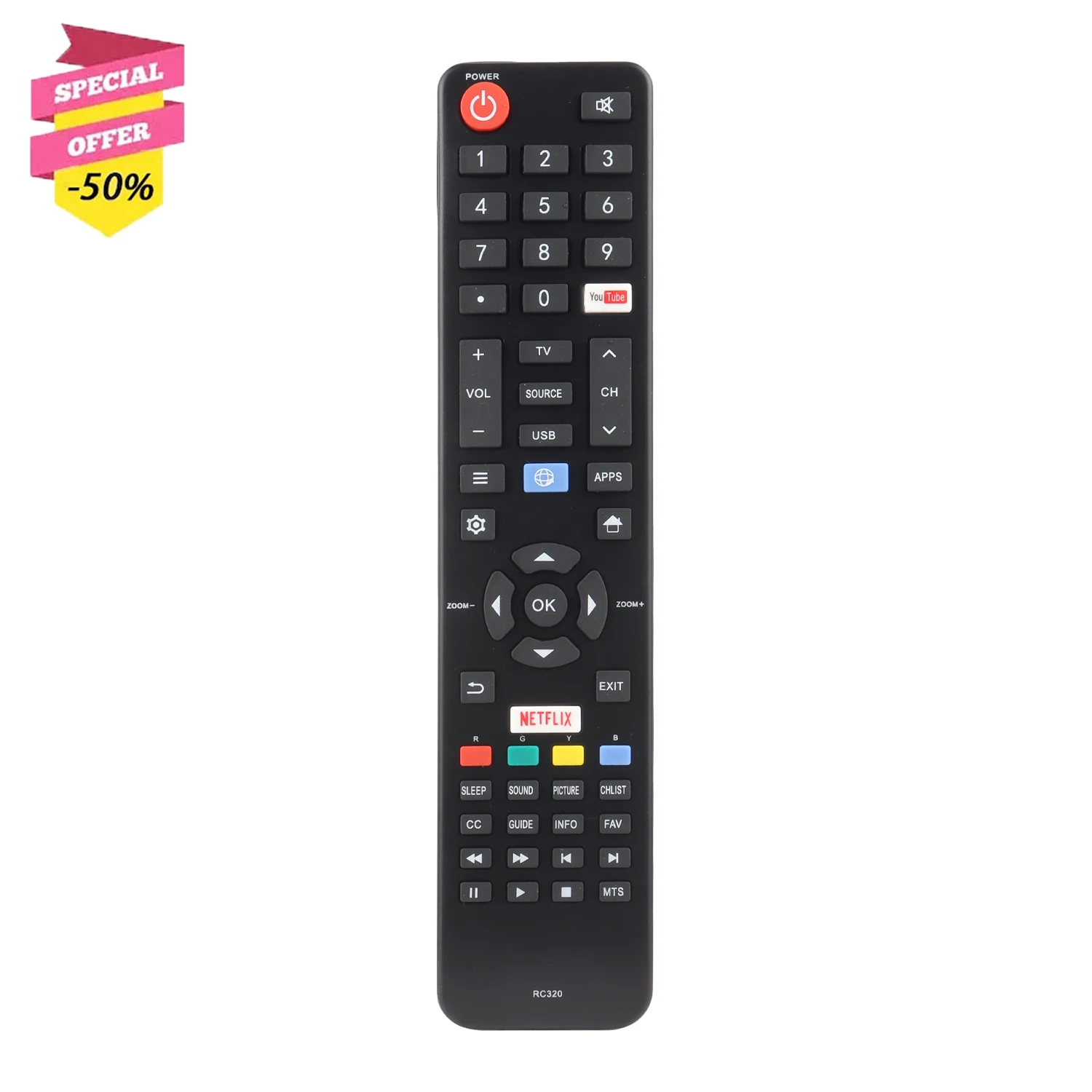 

New RC320 Remote Control Compatible With Jvc Fanco Atvio Smart TV Controller With Netflix YouTube Internet Apps Buttons