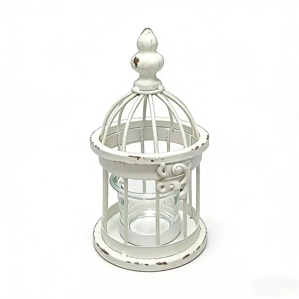 

Vintage White Birdcage Candle Holder, Distressed Iron Tea Light Lantern with Glass Cup, Decorative Cage Design, 6.5 inches Heigh