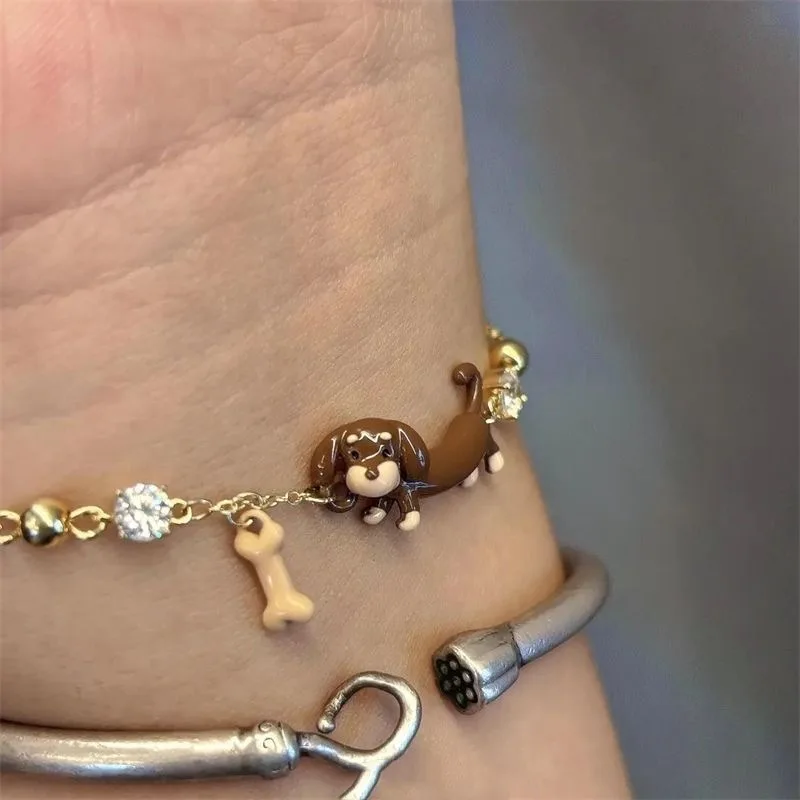 Stainless Steel Dachshund Sausage Dog Charm Bracelet Beaded Chain For Women Pet Lover Jewelry ﻿