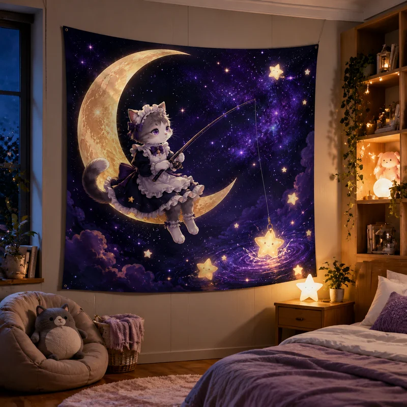VIKAMA Starry Sky Cat-Ear Maid Anime Tapestry, Crescent Moon Swing Wall Hanging, Bedroom Wall Decoration, Home Decor