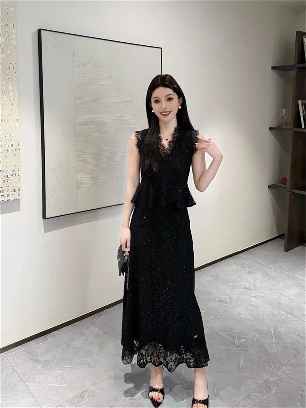 French Romantic Lace V-neck Top Skirt Set, 2026 Summer Female New Collection, Two piece Set with Gold Style Lace