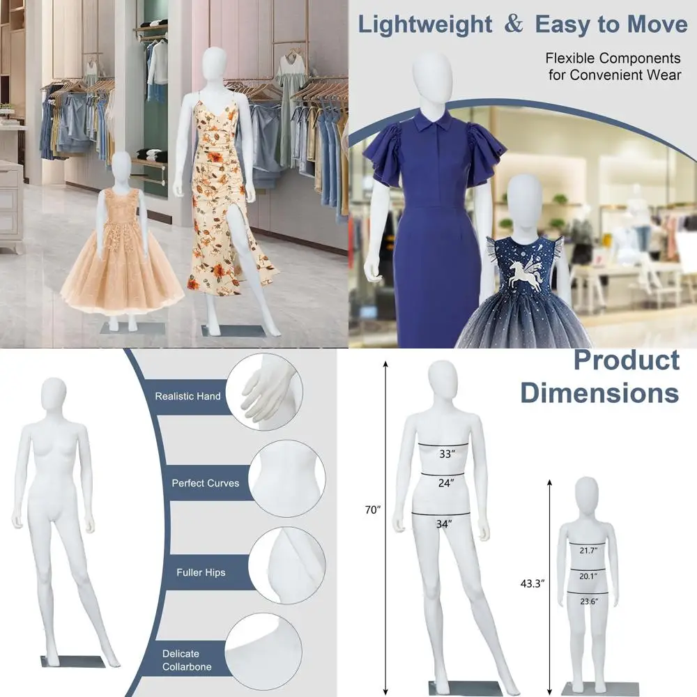 

Two-Piece Full Body Mannequin Set with Adjustable Metal Stand for Realistic Clothing Display in White