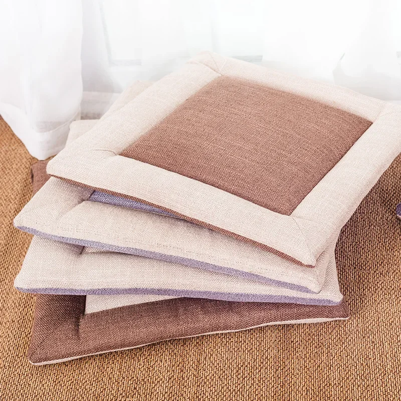 Japanese Four Season Linen Fabric Chair Cushion with Strap Comfortable Breathable Seat Cushion Non-slip Office Chair Cushions