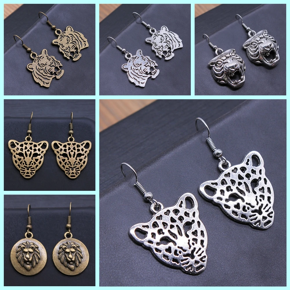 Animal Dangle Earring Vintage Antique Silver Color Antique Bronze Color Tiger Leopard Lion Head Pendant Drop Earrings