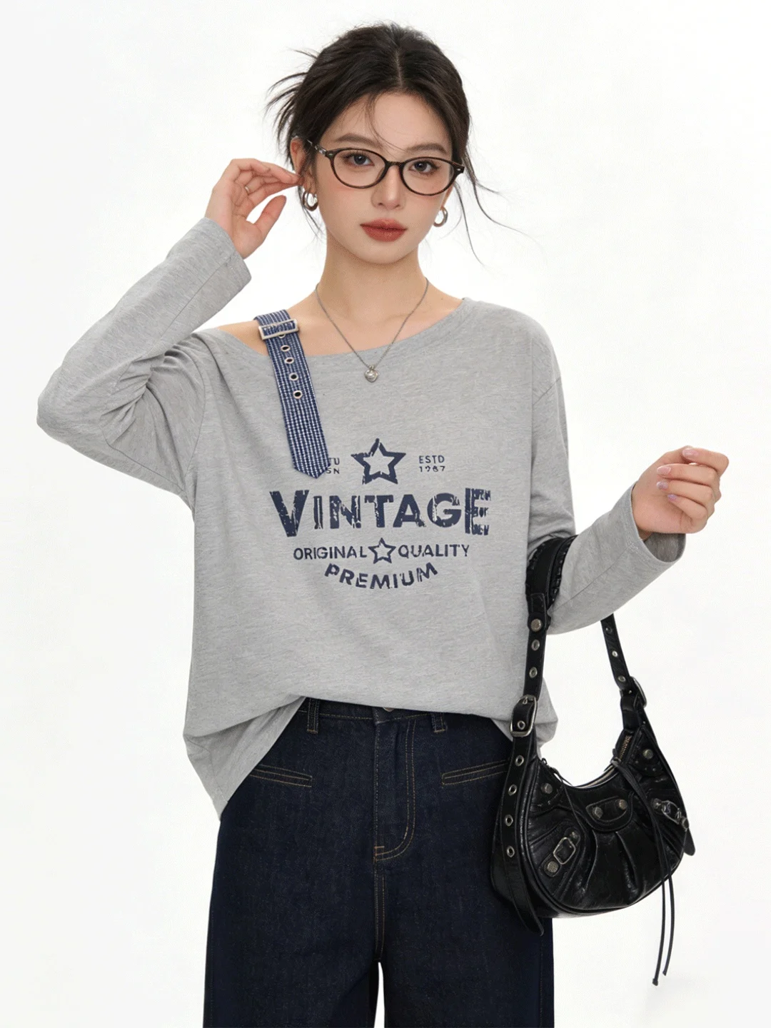 

Ladies Loose Fit Printed T-irt Korean Sle Cheered Color Blo Spring New Casual Slant oulder Top Breathable Long Sve