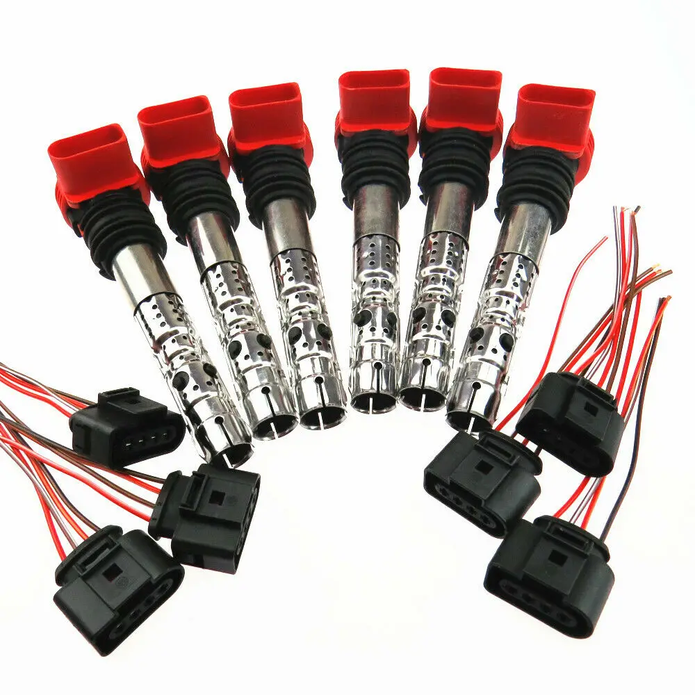 6 Set Car Red Engine Ignition Coil Plug Pigtail Adapter for Audi A4 A6 1.8T 1.9TDI AVJ AMB BFB BEX 06C 905 115 L 1J0 973 724