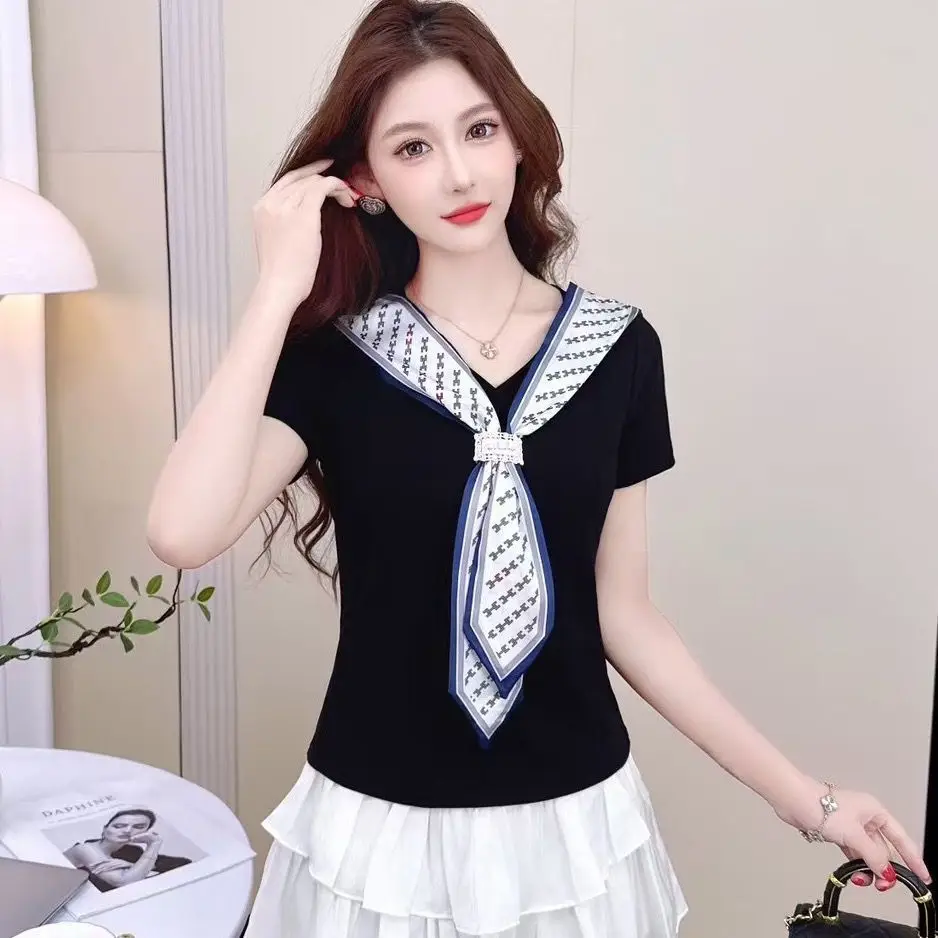 Pure Cotton Short Sleeve V-Neck Sweatshirt Women's Workwear High-End Summer Fashion Qingdao Jimo Store Flagship Store