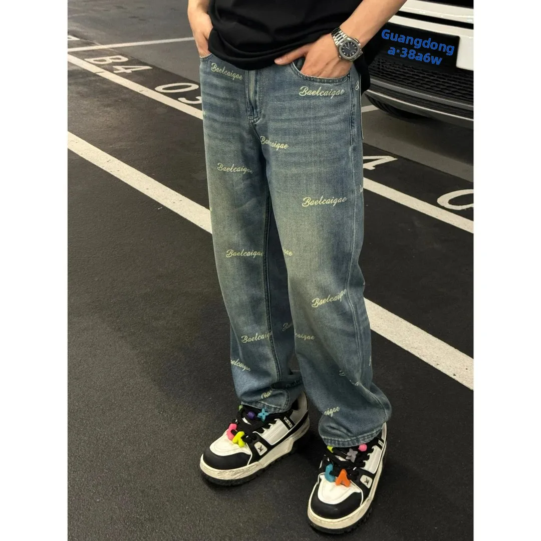 

Мужские джинсы премиум-класса с вышивкой, широкие, прямого кроя, свободные, роскошные, длинные брюки в городском стиле