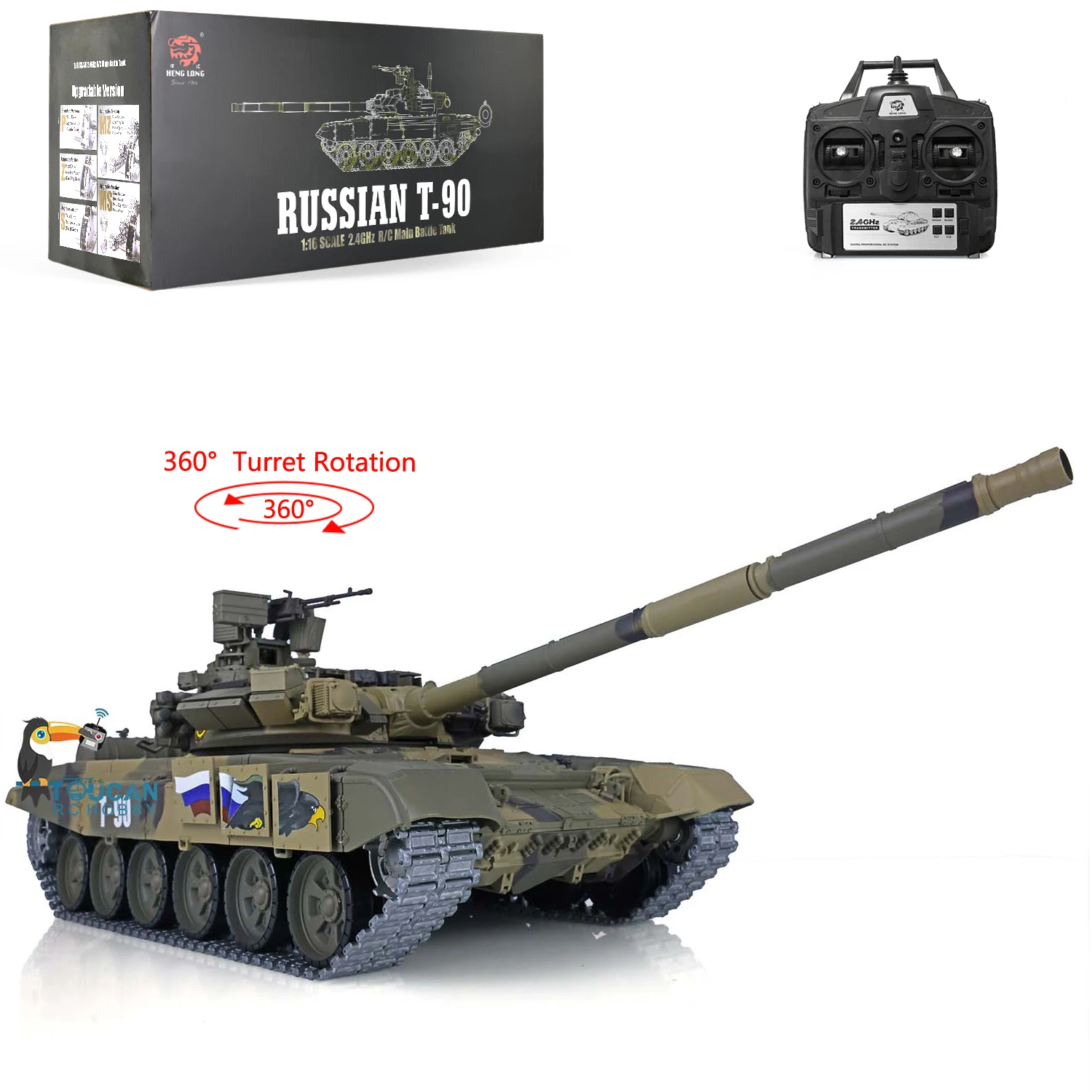 HENG LONG RC Tank 1/16 7.0 Upgraded Russia T90 RTR 3938 W/ 360° Turret Red Eyes Remote Control Car RC Toys Model TH17848