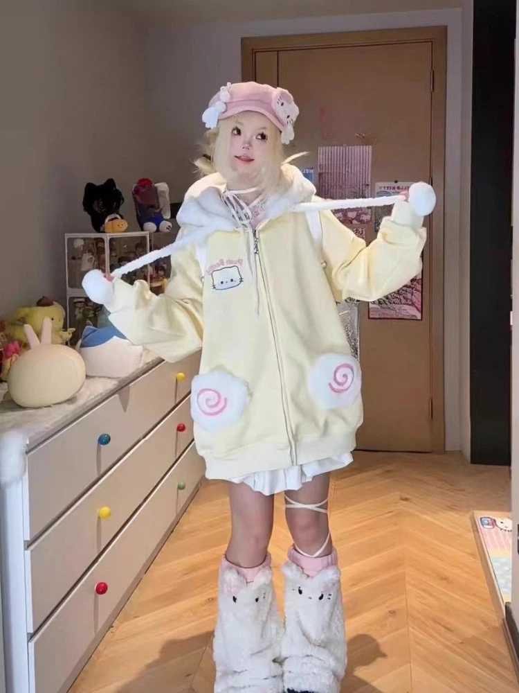 Japanese Kawaii Autumn Hoodies Long Sleeve Pretty Sweet Cartoon Embroidery Coats Harajuku Lovely Loose Lint Sweatshirts 2025 New