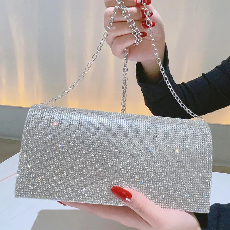 Glitter Rhinestone Clutch Purse for Women, Large Silver Envelope Handbag, Elegant Evening Crossbody Bag for Wedding Party Prom