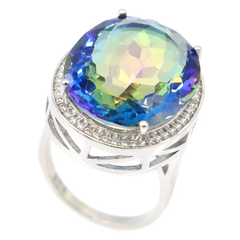 25x21mm Unique Big Gemstone 8g Fire Rainbow Mystic Toapz White CZ Mens Present Silver Rings Many Size 6-11