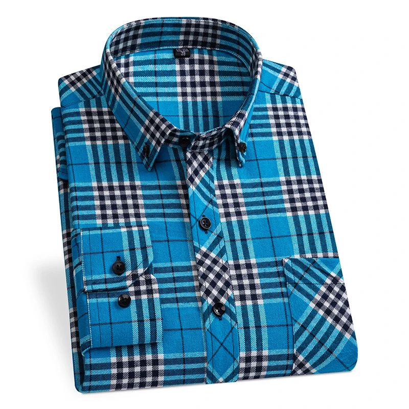 New Men\'s Long Sleeve Casual Shirt Cotton Flannel Plaid Front Pocket Fashion Warm Clothing Businessman Winter Daily Chic Shirts