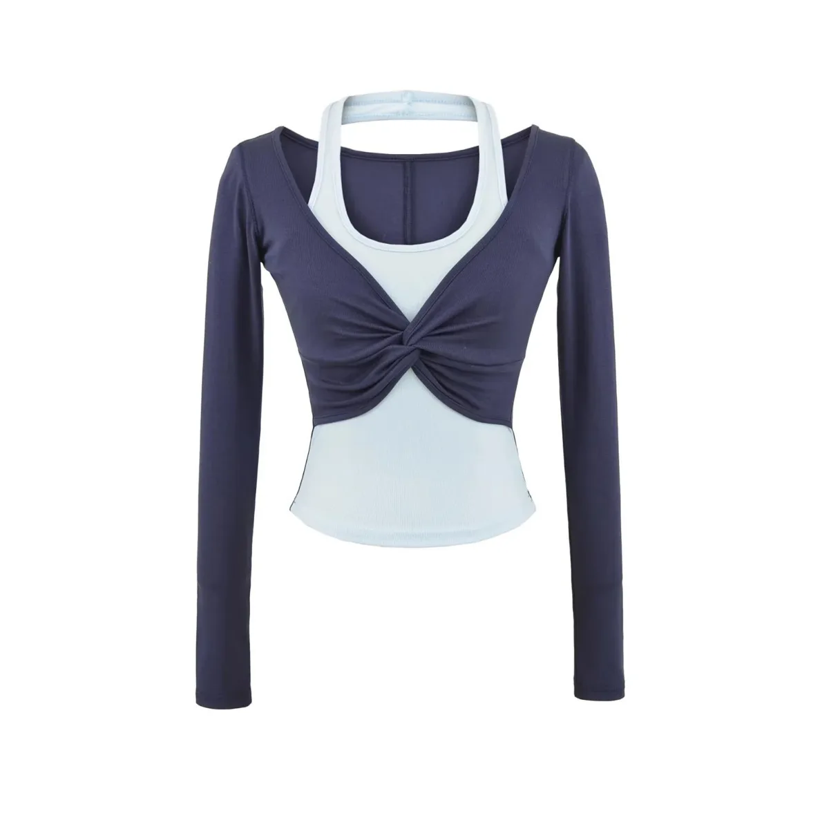 新しいセクシーなホットガール純粋な欲望スタイルカラーブロックフェイクツーピースストレッチタイトベースTシャツショートトップ長袖ホルタートップ6K4Y
