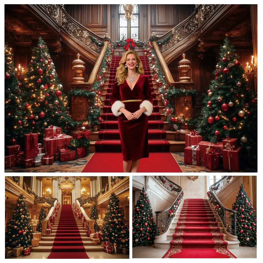 

Christmas Luxury Palace Backdrop Spiral Staircase Red Carpet Xmas Tree Christmas Wedding Birthday Party Photography Background