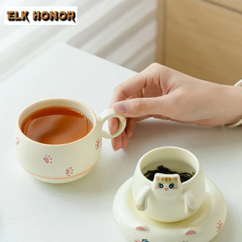 240ml Creative Cute Cat Coffee Mug With Plate Oatmeal Breakfast Mug Afternoon Tea Filter Mug Cup Saucer Kit Tea Items Craft Gift