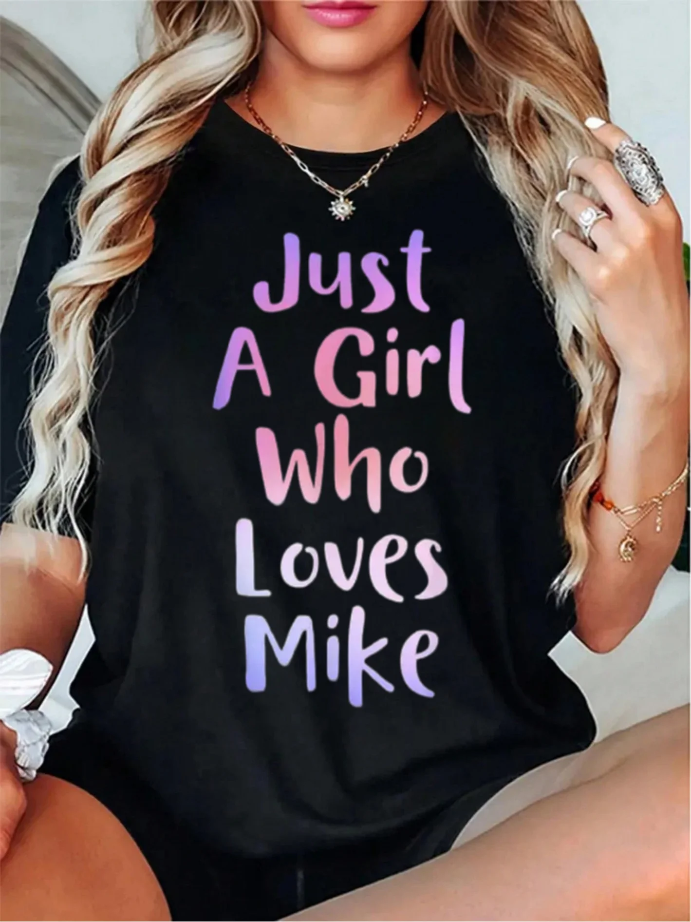 Women's Fun Mike Enthusiast T-Shirt - Just a Girl Who Fell in Love with Mike, Pink and Purple Lettering - Soft, Shrink-Resistant T-Shirt - Casual Couple's Gift and Birthday Present - Black with White Text Design, Casual Wear T-Shirt, Optimistic Text Design, Soft Women's T-Shirt