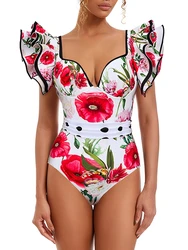 2026 Push Up Floral Frill Shoulder Swimsuit Women One Piece Swimwear Female Beachwear Bathers Bathing Swimming Swim Suit