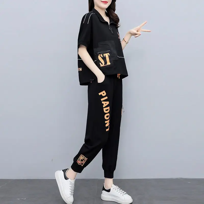 Summer New Sports Casual Women\'s Set Korean Edition Loose Spliced Short Sleeve Polo T-shirt+Long Pants Two Piece Set for Women