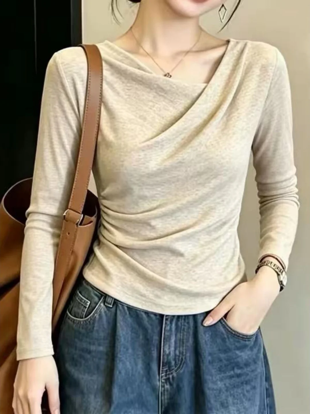 Oatmeal Shoulder Bared Long Sleeve Women's T-shirt Slim Fit Collarless Design Casual Style for Spring Autumn Season
