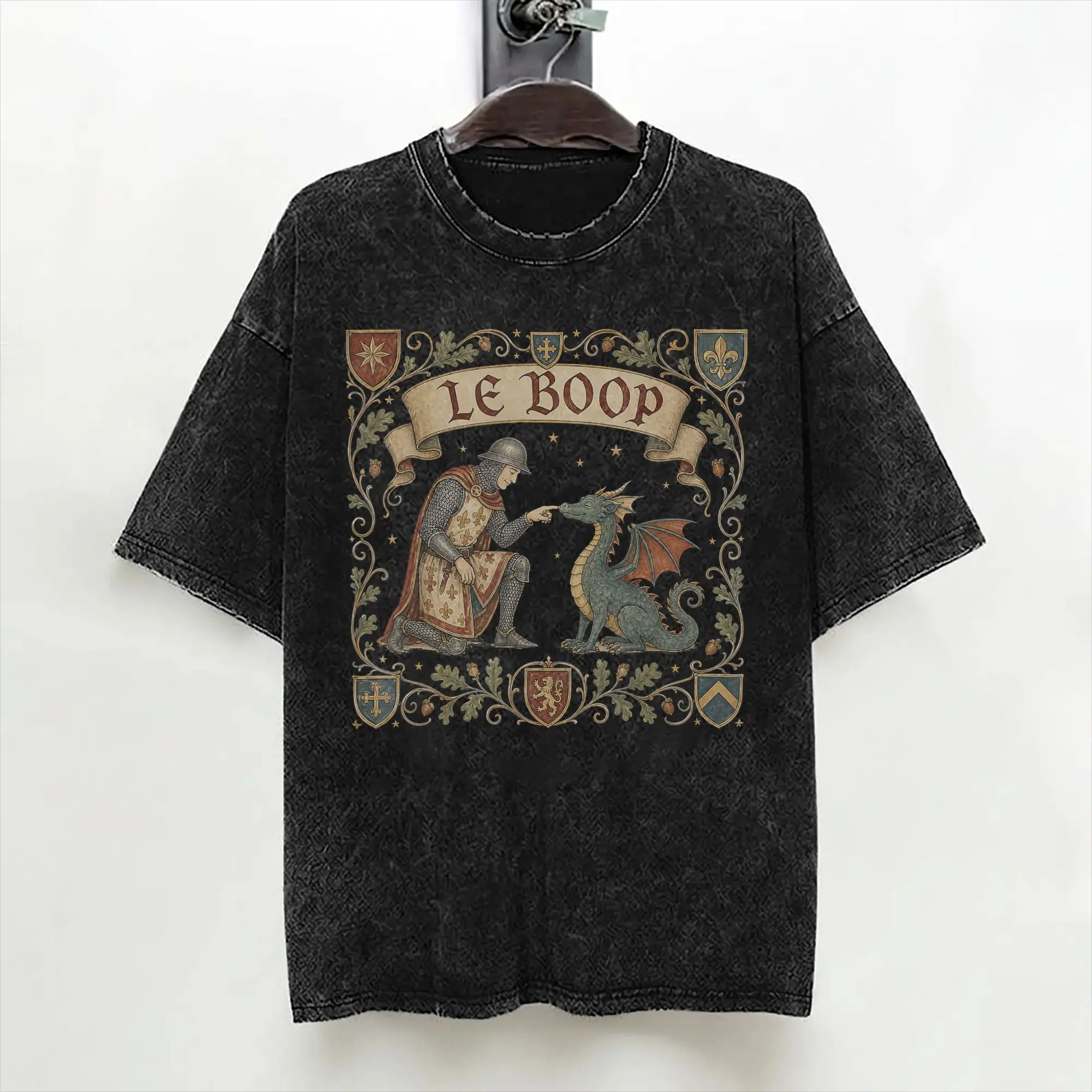 Le Boop Medieval Knight Dragon T Shirts Washed Short Sleeve Oversize T-Shirt  Retro Men Women Streetwear Printed Tees