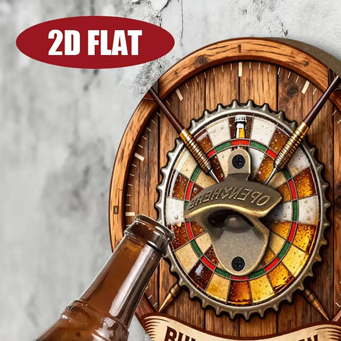 1pc 2D Flat Round Wooden Wall Bottle Opener, Bullseye Brew Dartboard Beer Cap Print Wood Sign for Bar & Man Cave Wall Decor