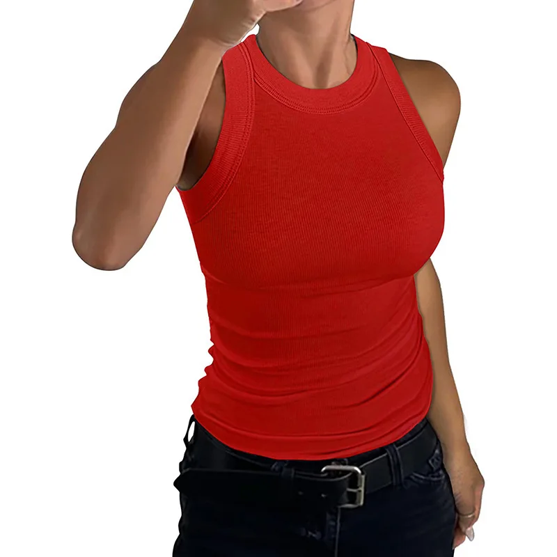 Women's Knitted Ribbed round Neck Slim Fit Vest Summer Cute Style No Sleeve Thickened Polyester Fabric Cross-Border Independe...