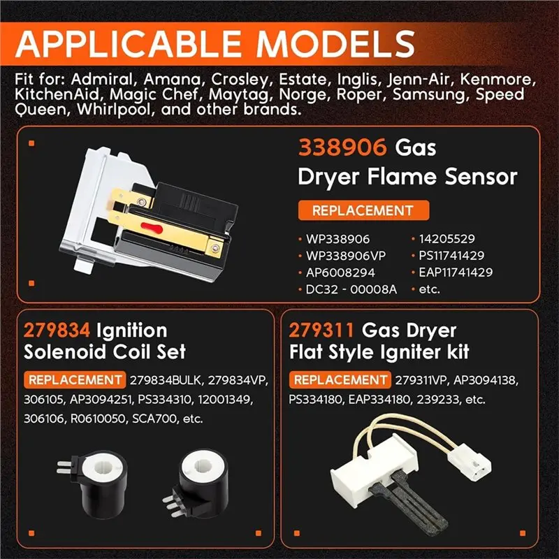 EAS-Upgraded Replacement Parts For Gas Dryers- Fit For Whirlpool Maytag Kenmore Models, Replaces WP338906 AP3094138 Repair Kit
