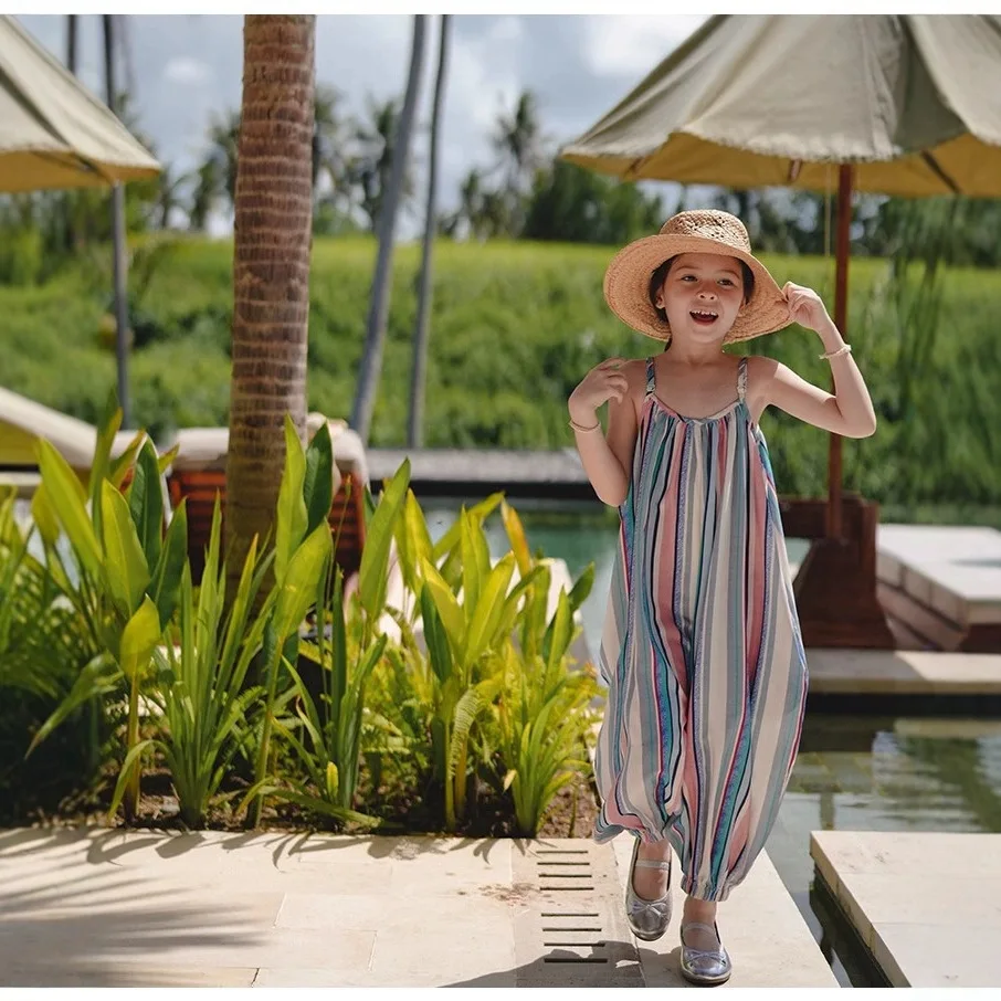 

Брюки для девочек, летняя новая стильная модная цветная юбка на подтяжках в вертикальную полоску для маленьких девочек