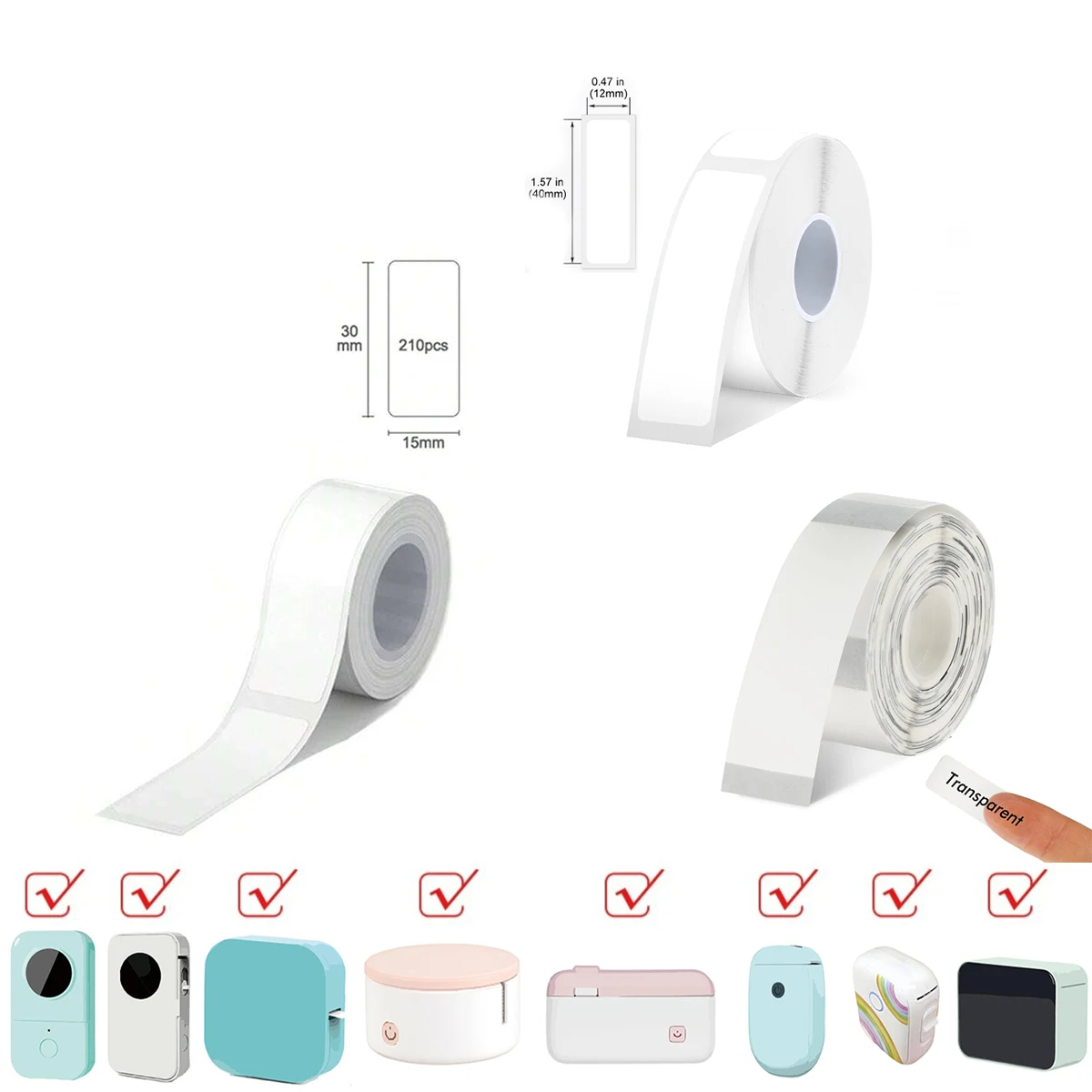 

Waterproof Oilproof Multi-Size White & Clear Thermal Label Tape 12x40/15x30mm for Logistics Retail Office D30/Q30/P11 Compatible