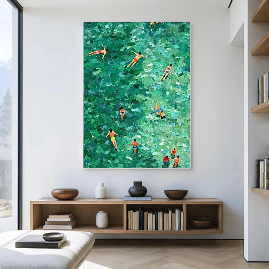 Turquoise Ocean Beach Wall Art Prints Set Aerial View Swimmer People Seascape Canvas Posters Coastal Oil Painting Home Decor
