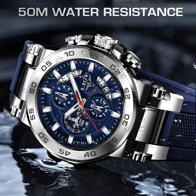 LIGE 2025 جديد ساعات رجالية موضة سيليكون حزام بسيط الرياضة العسكرية تاريخ 50 متر مقاوم للماء كوارتز رجالي ساعات المعصم reloj + BOX