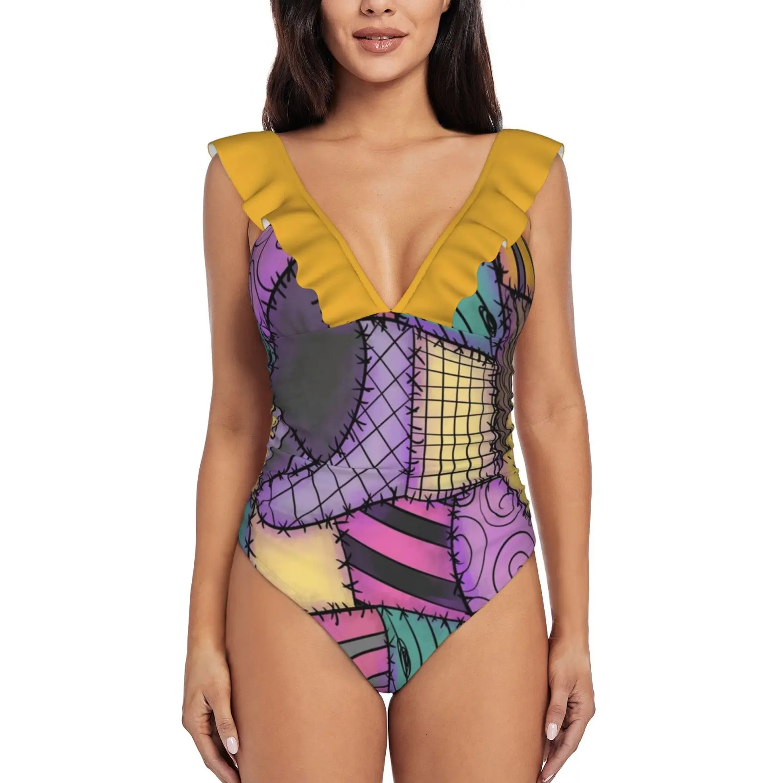 Patchwork Ragdoll Women Printed One Piece Swimwear Sexy Backless Swimsuit V Neck Summer Beach Wear Nightmare Sally Patchwork Ed