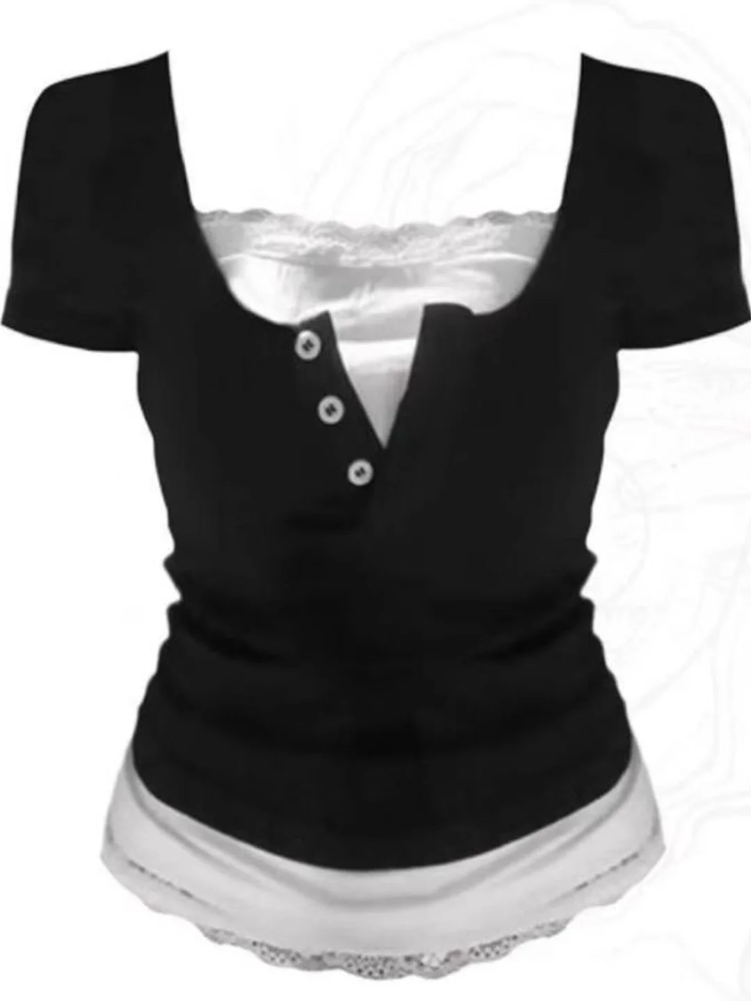 

Korean Sle Lace ort Sve T-irt Women's Summer New Design Slimming Sexy ort Top Fake Two-Piece Casual Fit V-Ne