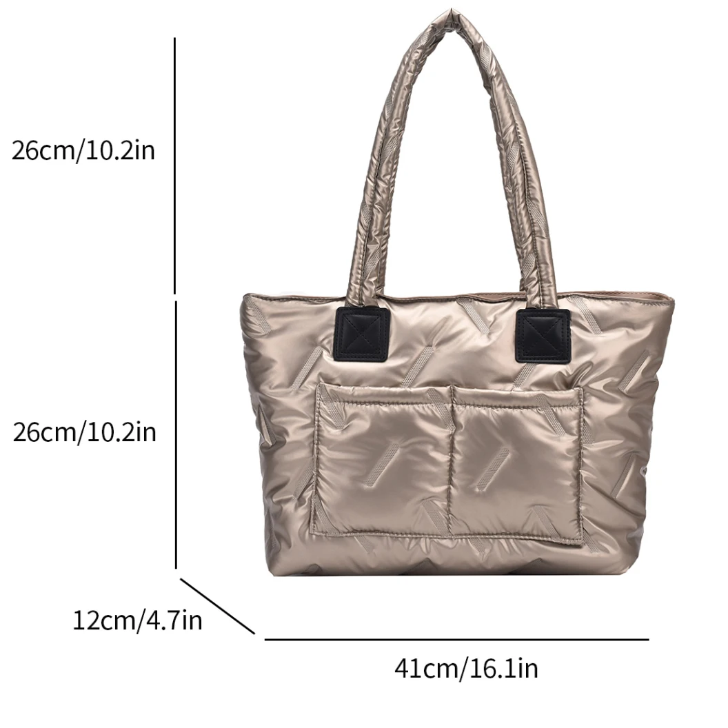 Champagne Silver Women Bags Fashion Quilted Shopper Bag 2023 New Winter Padded Handbag Shoulder Bag Big Capacity Top Handle Tote