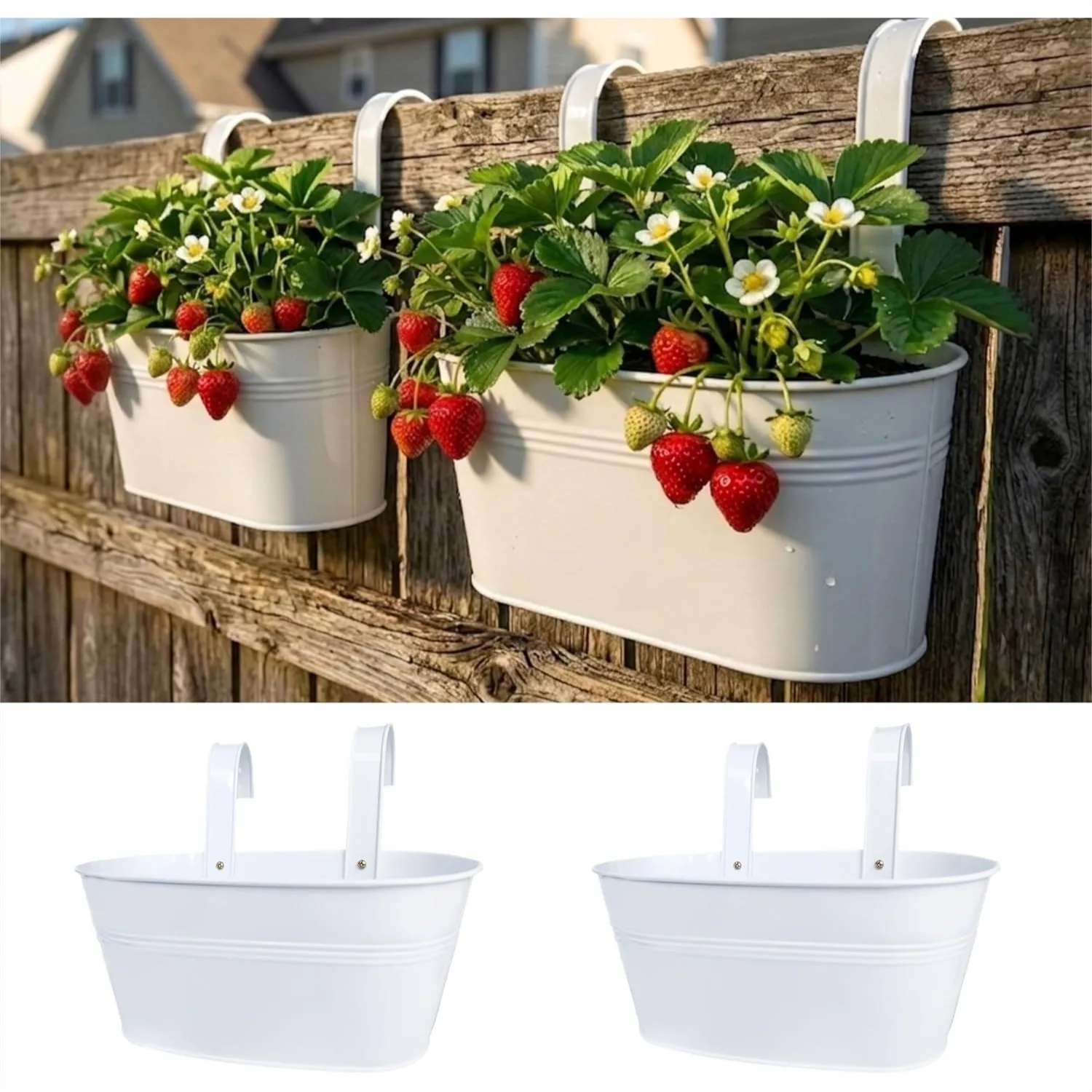 

Metal Hanging Flower Pots for Outdoor Railings, 2 Pack 11.2 Inch White Iron Planters with Hooks