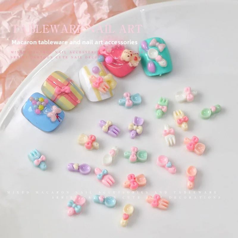 50Pcs Cute Cartoon Resin Spoon With Bow Macaron Color Cream Style Nail Art Charms Mini Cutlery Decorations Kawaii Decor 3D Charm