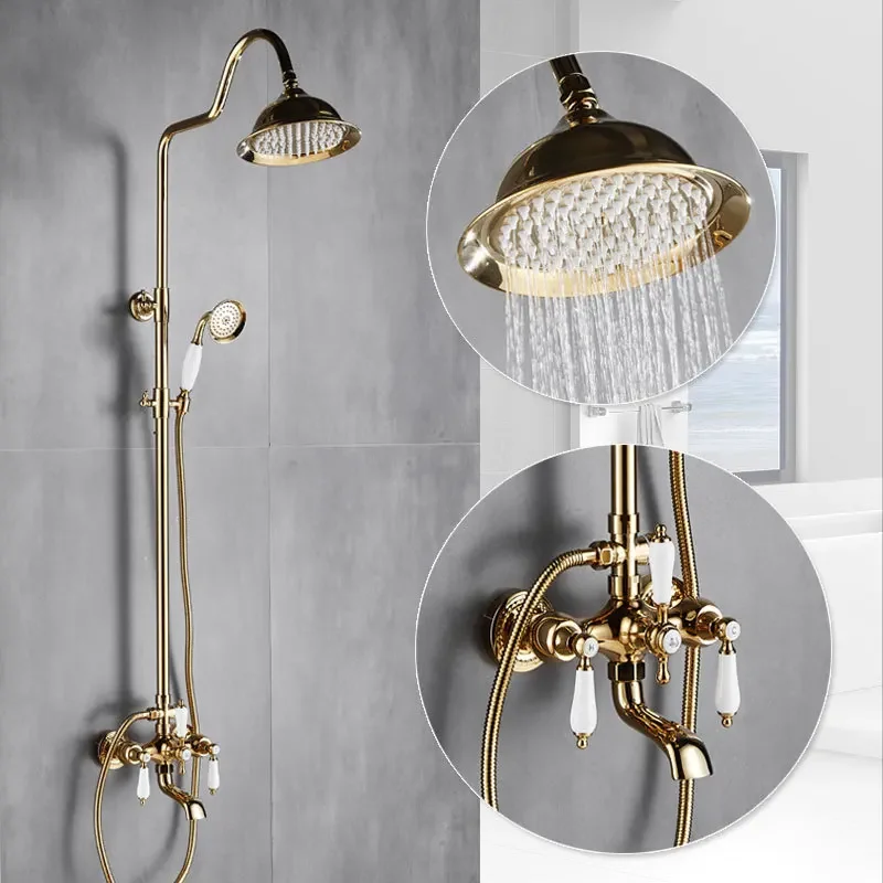 WEPICK-Antique Brushed Brass Bath Faucets, parede montada bacia do banheiro, torneira misturadora, guindaste com chuveiro de mão