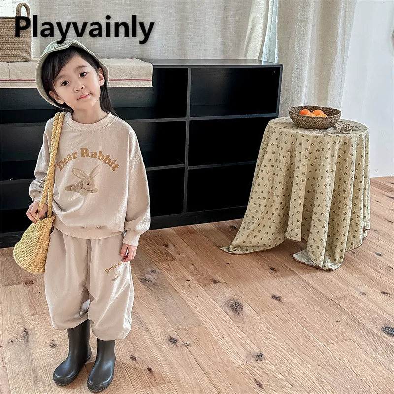 

Autumn Korean Style Kids Casual 2-piece Set Grey Khaki Letter Cartoon Print O-neck Sweatshirts and Pants Girls Sportswear A3096