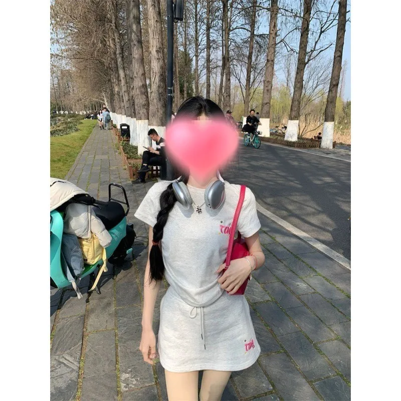 Casual Sport Suit Female Two-piece Embroidery Short Sleeve Shirt Top Simple Student Short Skirt Matching Sets Dress Sets 투피스 Y2k