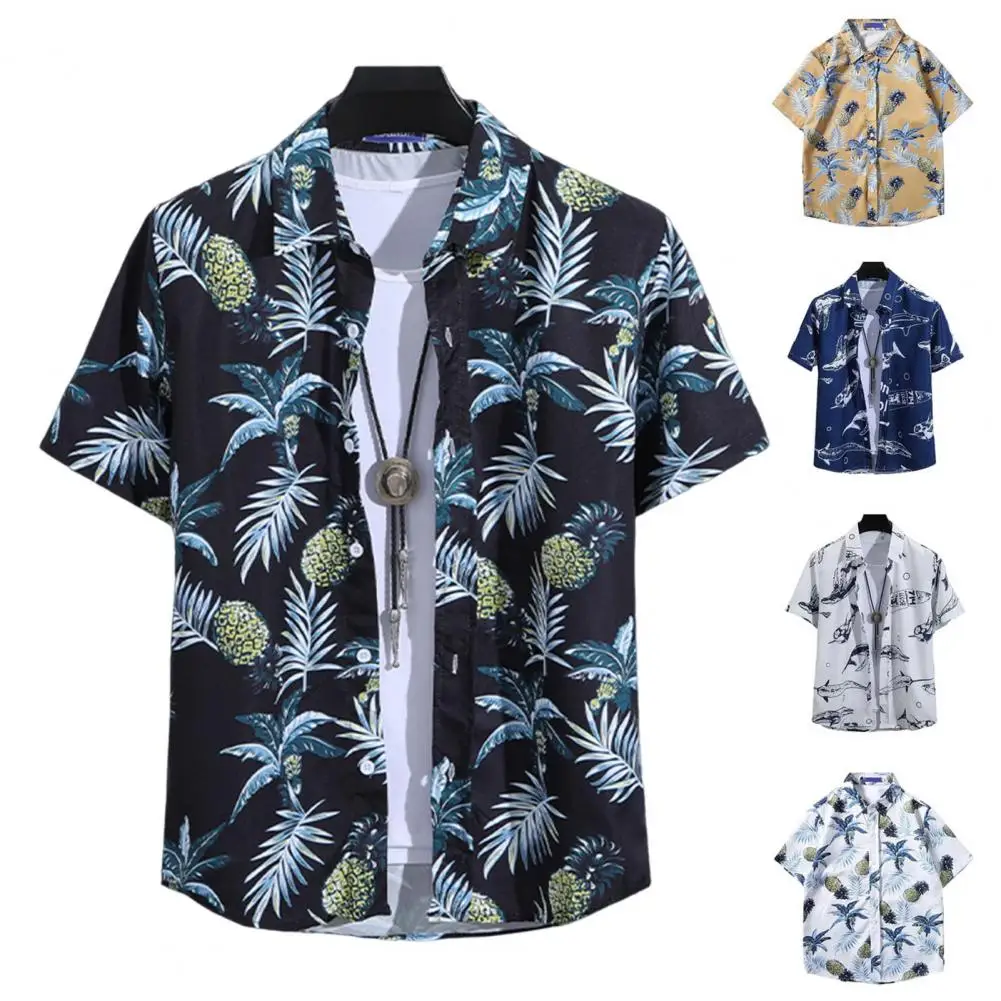 

MSummer Men Shirt Colorful Print Short Sleeves Tropical Style Shirt Hawaii Loose Breathable Mid Length Vacation Beach Top 남성 셔츠