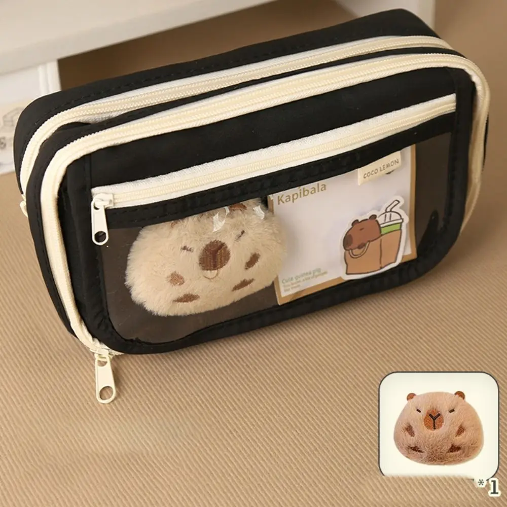 Large Capacity Pencil Bag Capybara Cartoon Stationery Holder Bag With Brooches Stickers Clips Keychains Children Pen Case