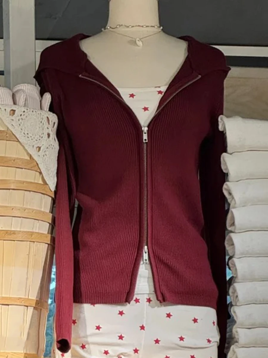 

Бордовые вязаные толстовки, топы, женские осенние новые повседневные хлопковые джемперы на двойной молнии, пальто, винтажный шикарный базовый кардиган, свитера Y2K
