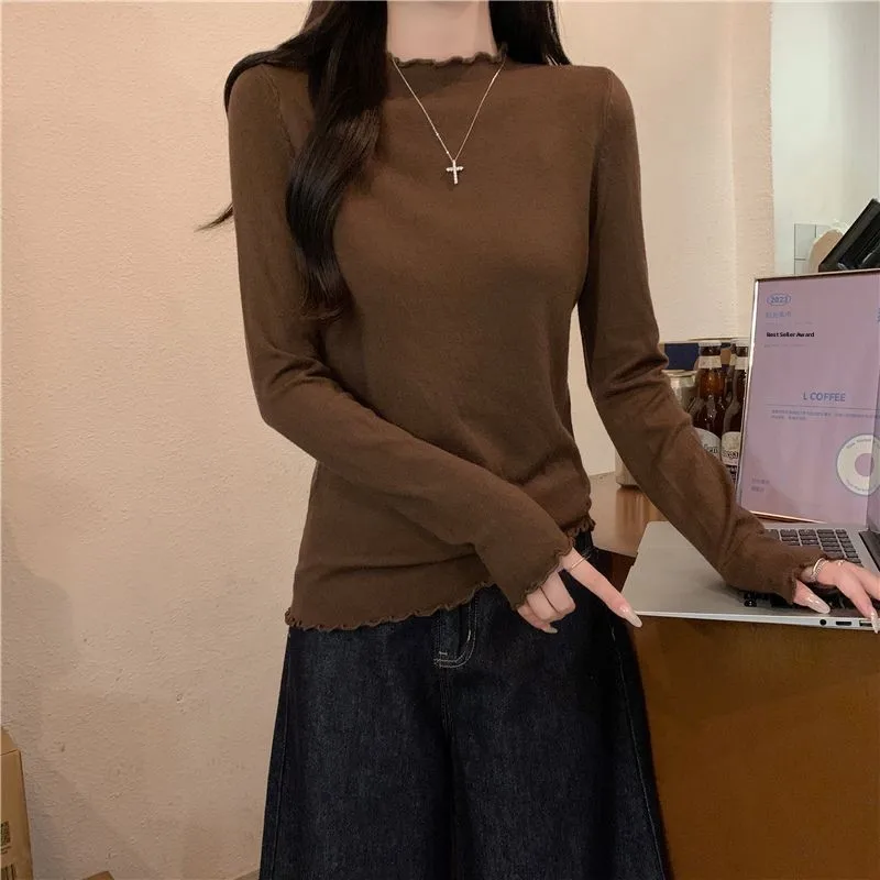 

2025 New Pure Color Knitted Long Sleeve Fleece Lined Thickened Autumn Winter Women's Top Casual Slim Fit round Neck Design