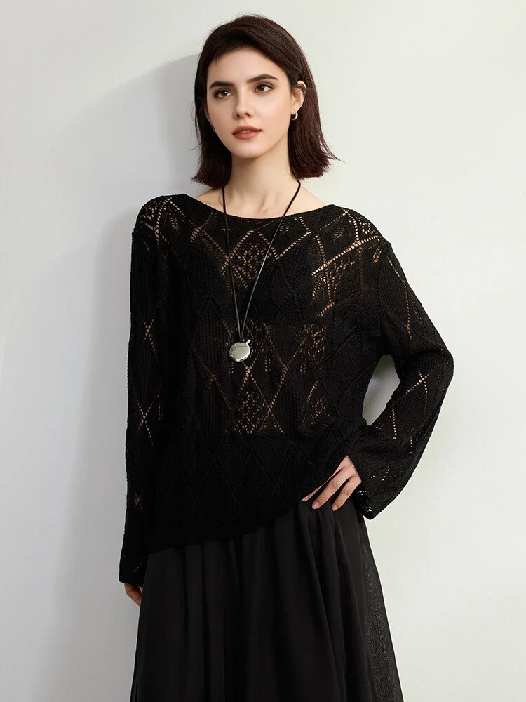 SuyaDream, Women Thin Pullovers, Hollow Out, O Neck, Long Sleeved Sweaters, 100%Lyocell, 2025 Fall Spring Cozy Top, White, Black