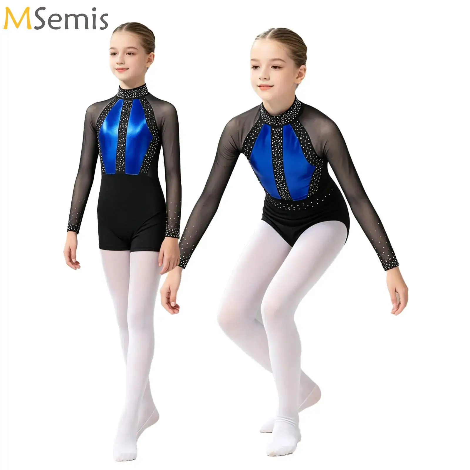 Kids Girls Ballet Dance Outfits Color Block Mesh Rhythmic Gymnastics Leotard Stage Performance Costume Figure Skating Dancewear