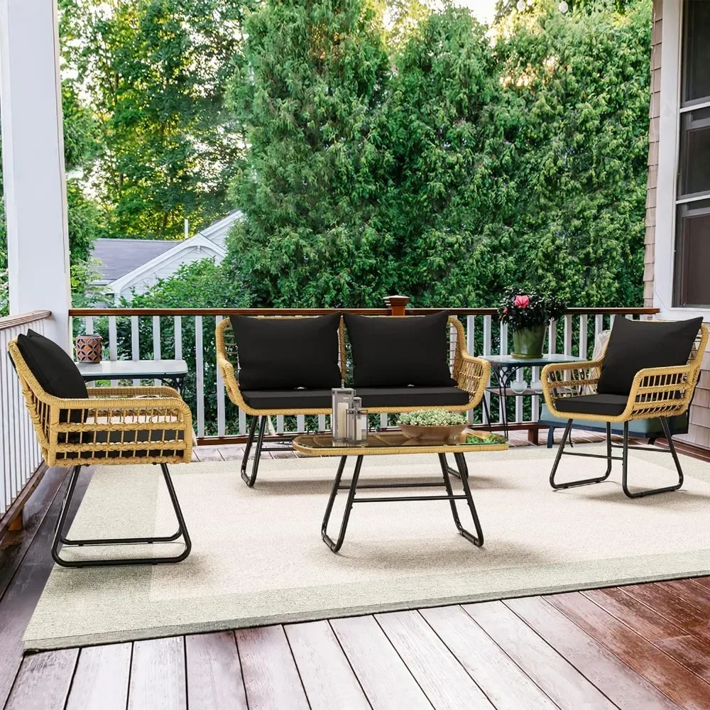 Outdoor Chairs 4-Piece,  Rattan Conversation Loveseat Chairs for Backyard, Balcony and Deck with Soft Cushions and Metal Table